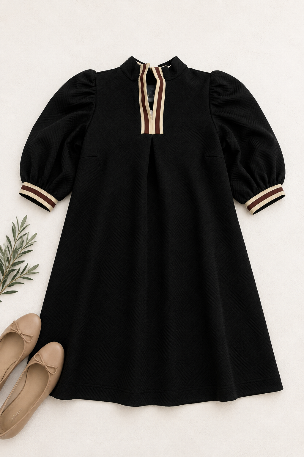 Black Puff Sleeve Contrast Trim Dress