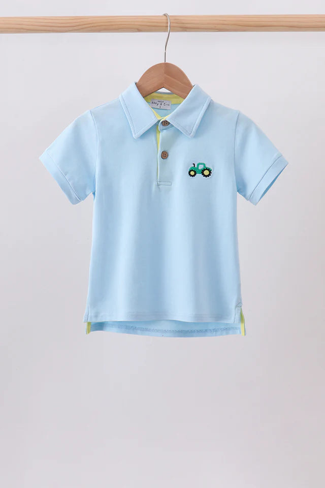 Blue Tractor Embroidered Collared Top