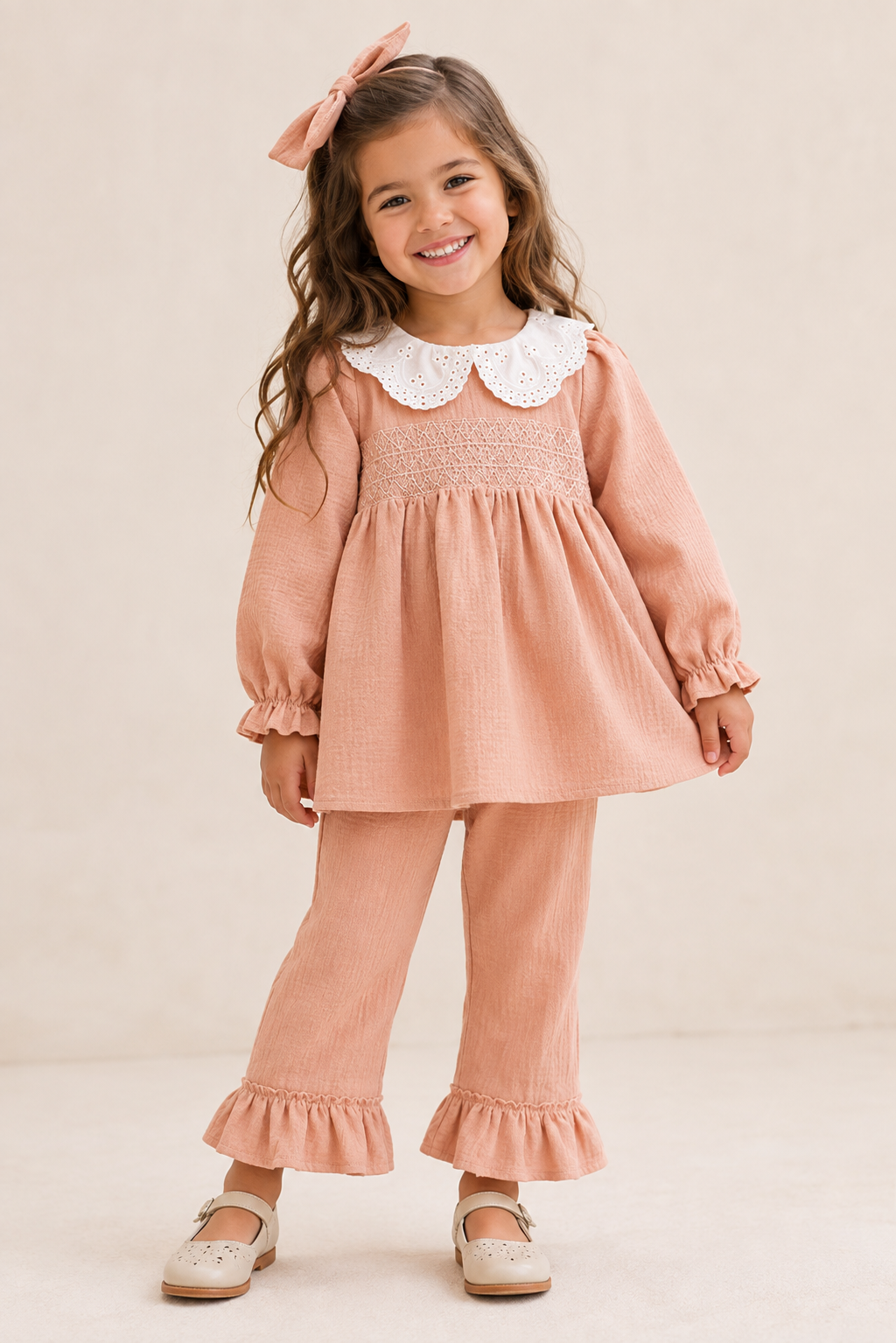 Blush Corduroy Smocked Ruffle Pant Set