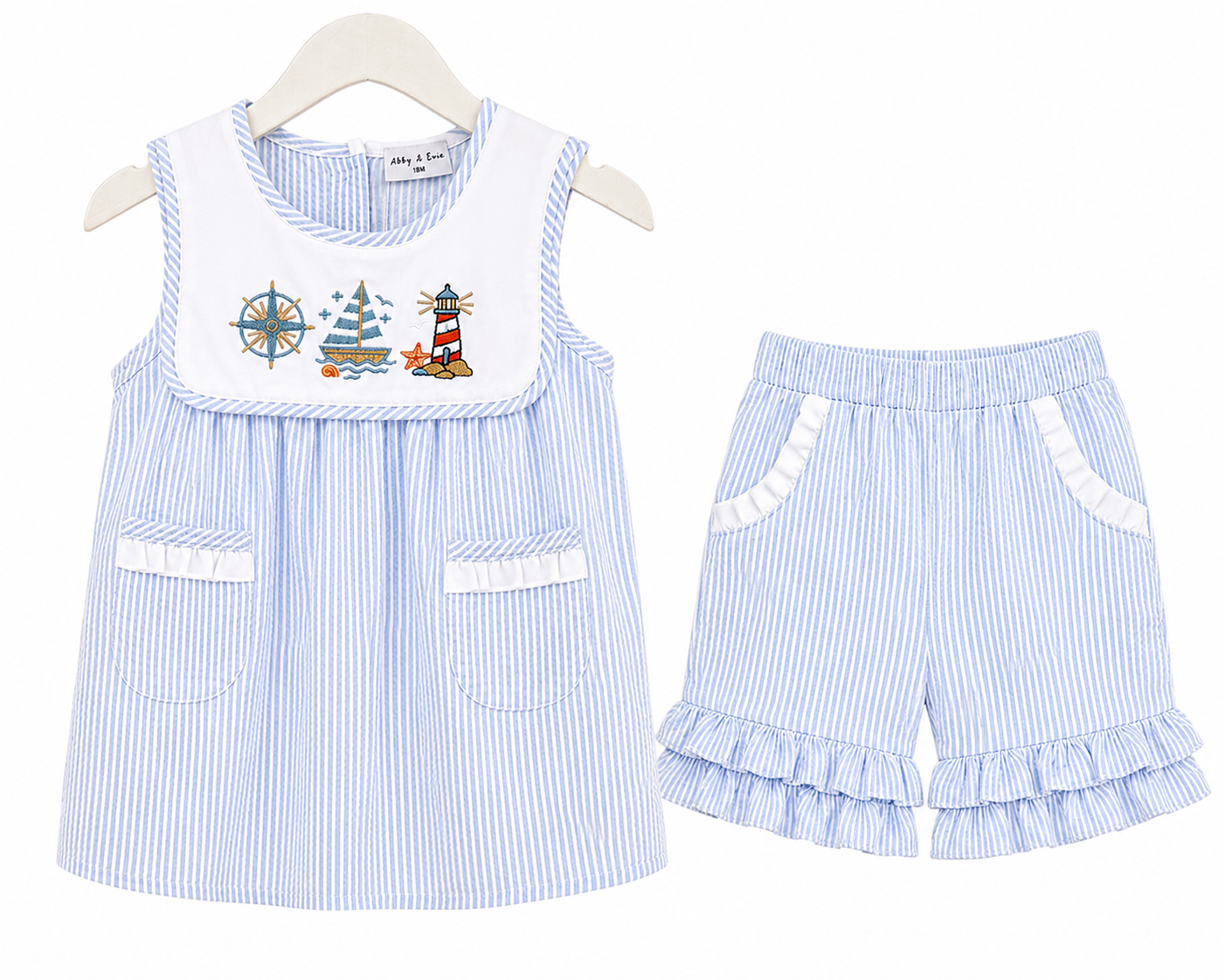 Blue sailboat embroidery ruffle short set
