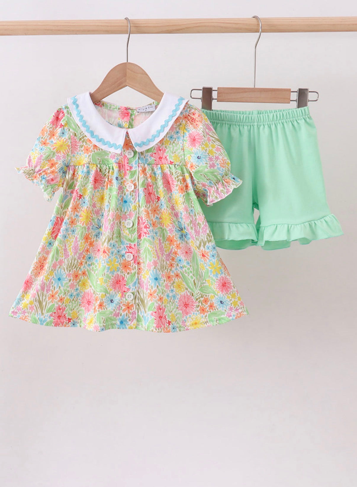 Pink Floral Print Puff Sleeve Ruffle Set