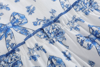 Blue and White Print Layered Ruffle Dress