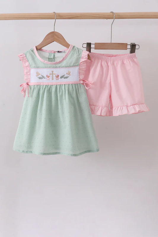 Green sheep ruffle shorts set