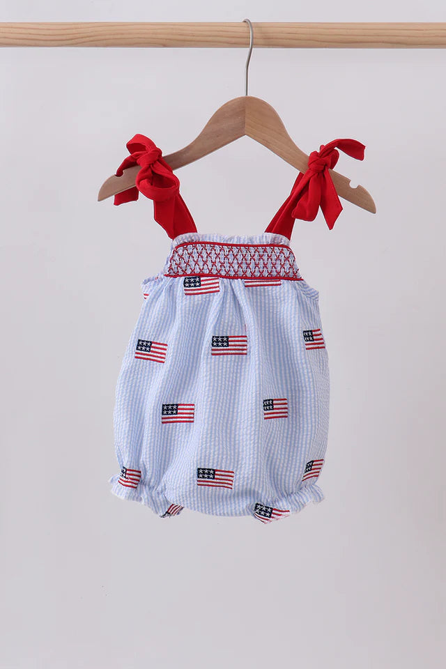 Blue flag embroidery seersucker bow bubble