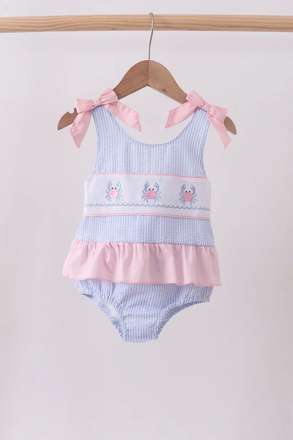 Blue stripe seersucker crab embroidery swimsuit