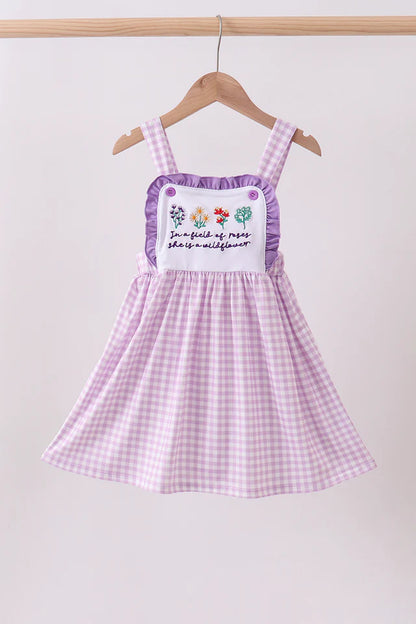 Purple floral embroidery gingham dress