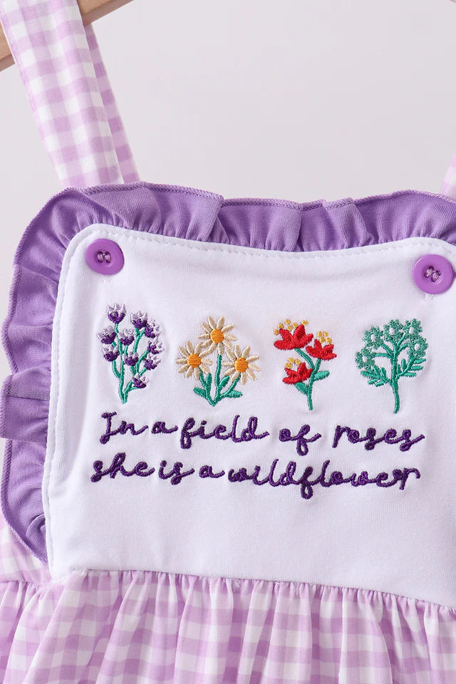 Purple floral embroidery gingham dress