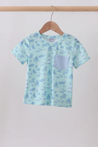 Blue coastal print pocket top