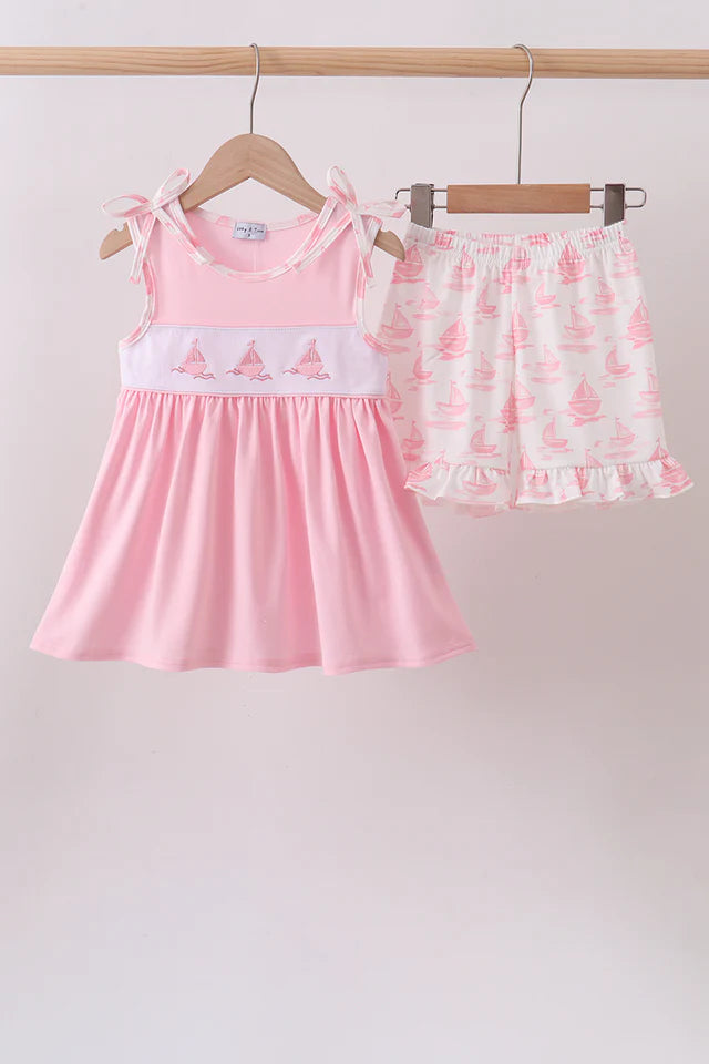 Pink Sailboat Embroidered Set