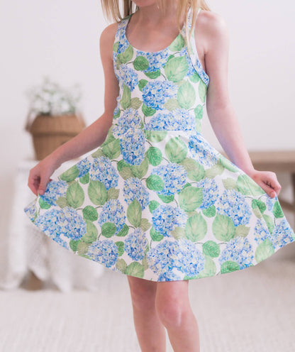 Girls Halter Tennis Dress - Blue Hydrangeas