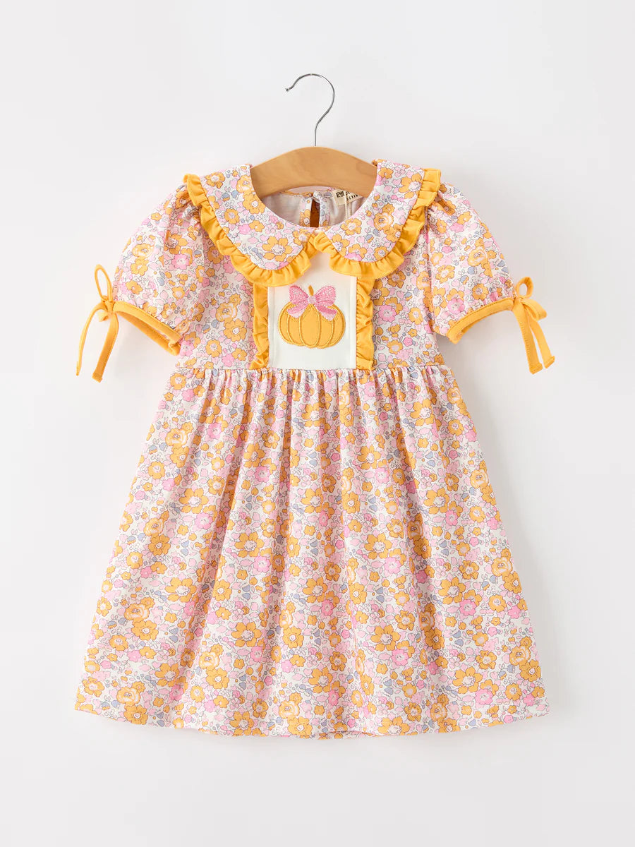 Pumpkin Bow Floral Ruffle Dress