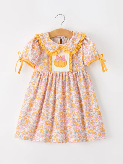 Pumpkin Bow Floral Ruffle Dress