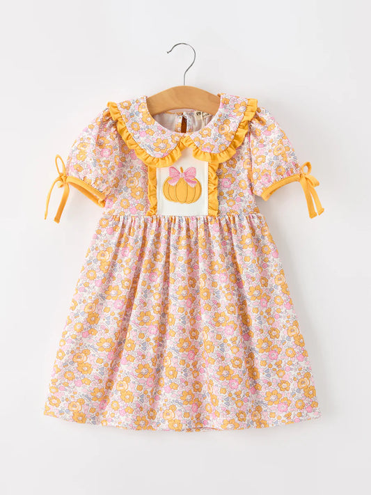 Pumpkin Bow Floral Ruffle Dress