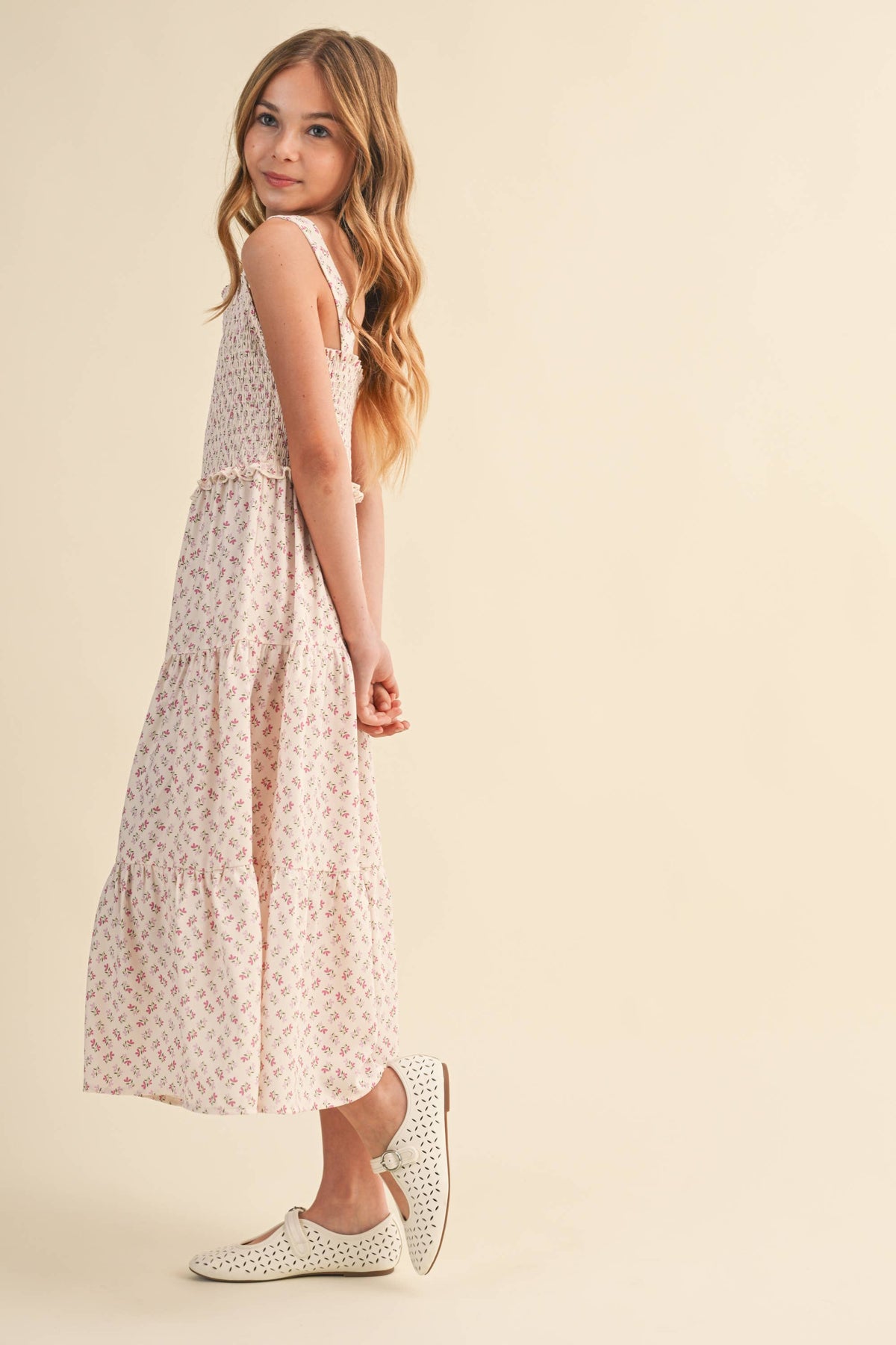 TWEEN GIRLS KIDS SMOCKED TIERED MIDI DRESS (7-14)