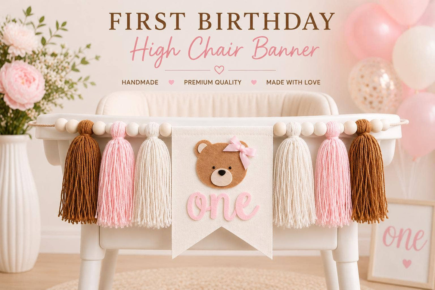 Girl 1st Birthday High Chair Banner, Teddy Bear Decor