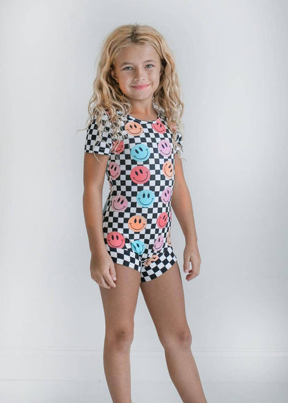 Kids Retro Smiley Face Checkered Dance Gymnastics Leotard