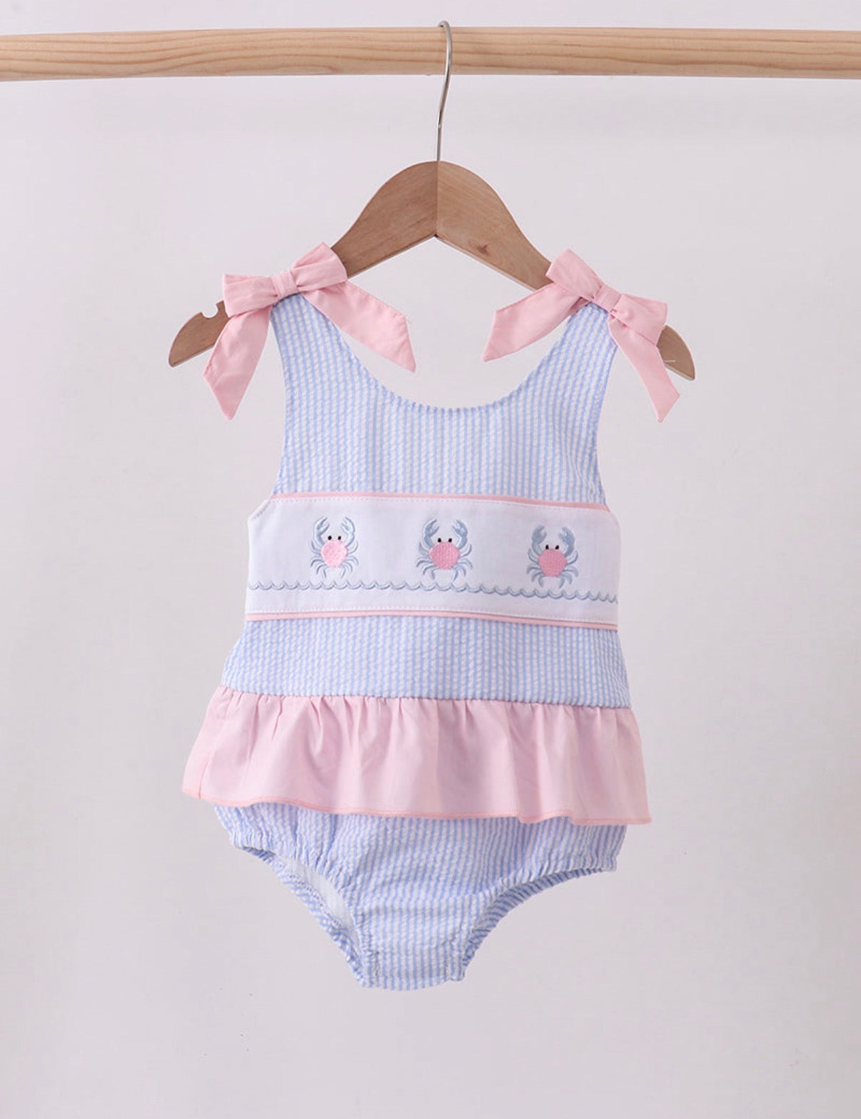 Seersucker Crab Embroidered Swimsuit