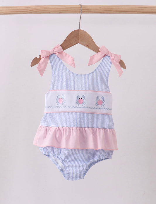 Seersucker Crab Embroidered Swimsuit