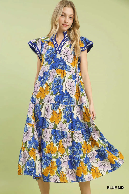 Blue Mix Floral Tiered Midi Dress