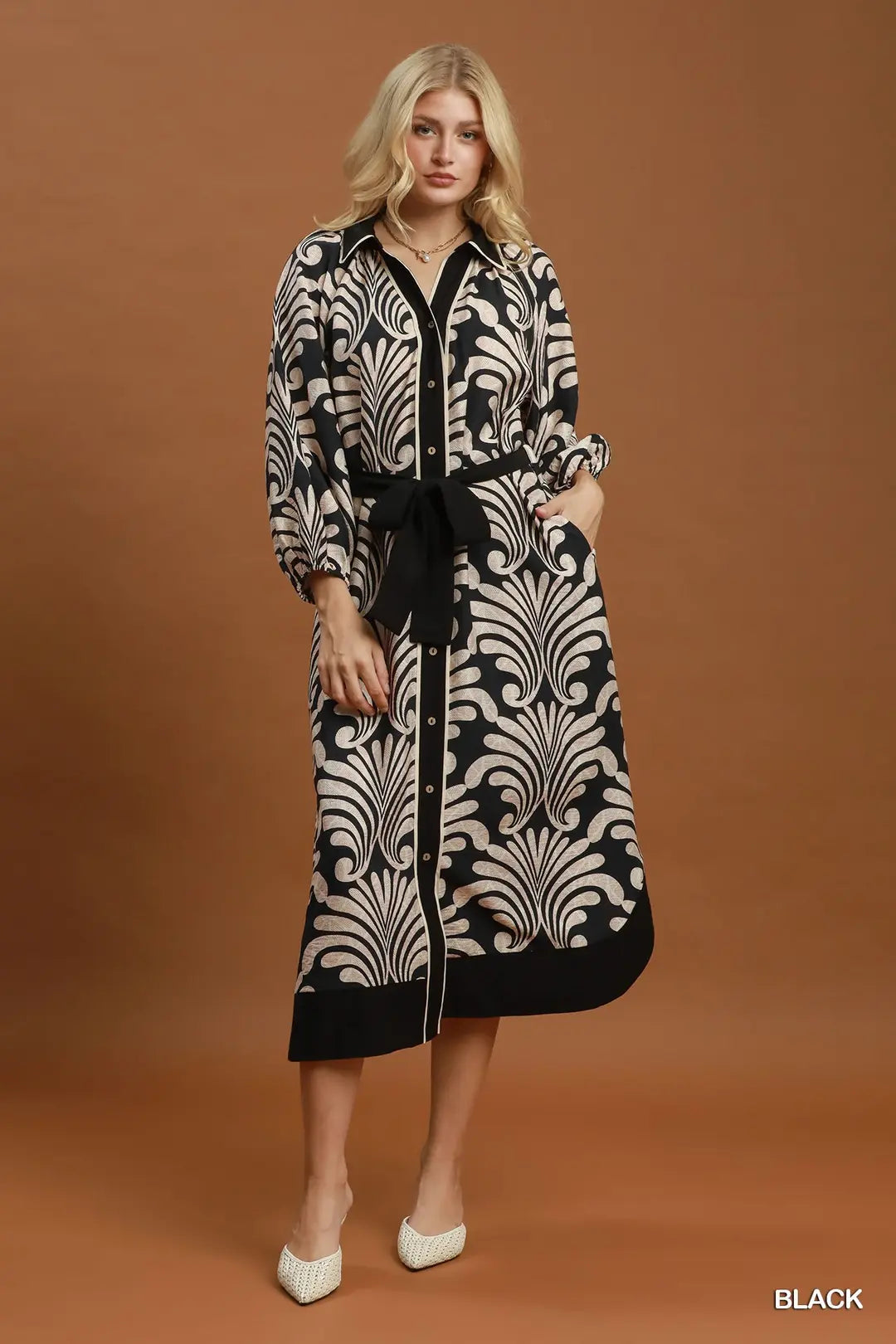 Abstract Belted Midi Shirt Dress