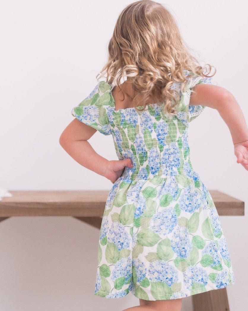Girls Spring Smocked Romper - Blue Hydrangeas