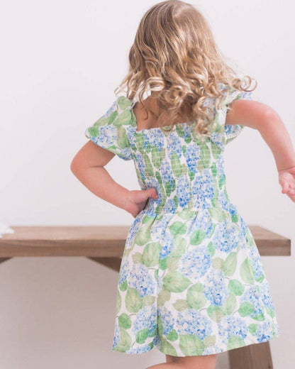 Girls Spring Smocked Romper - Blue Hydrangeas