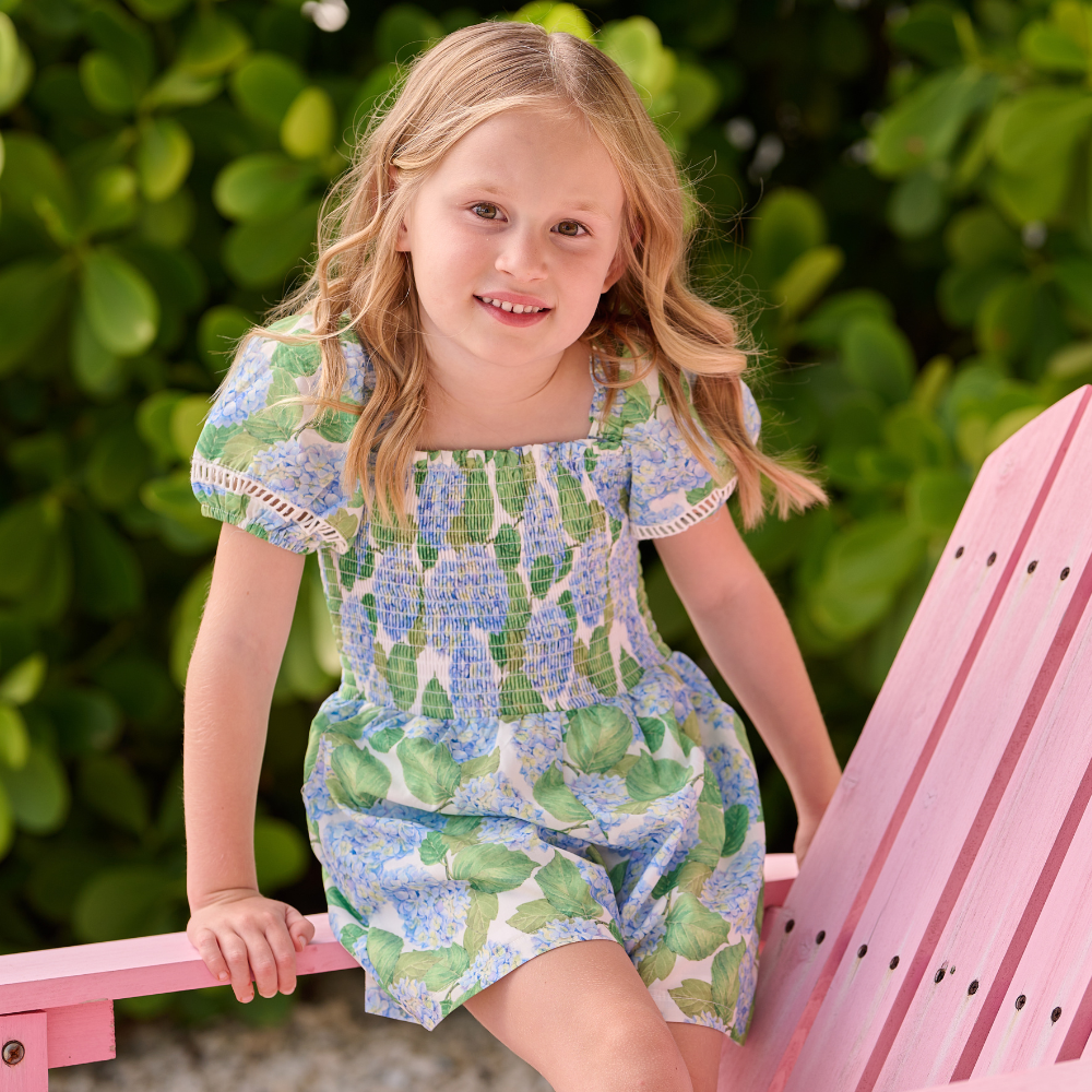 Girls Spring Smocked Romper - Blue Hydrangeas