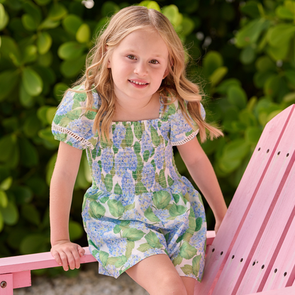 Girls Spring Smocked Romper - Blue Hydrangeas