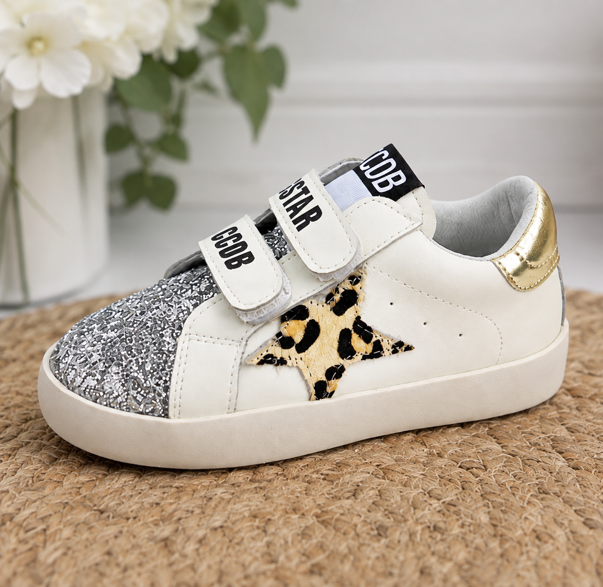Toddler Shoes - Silver Glitter Leopard Star Velcro Sneaker