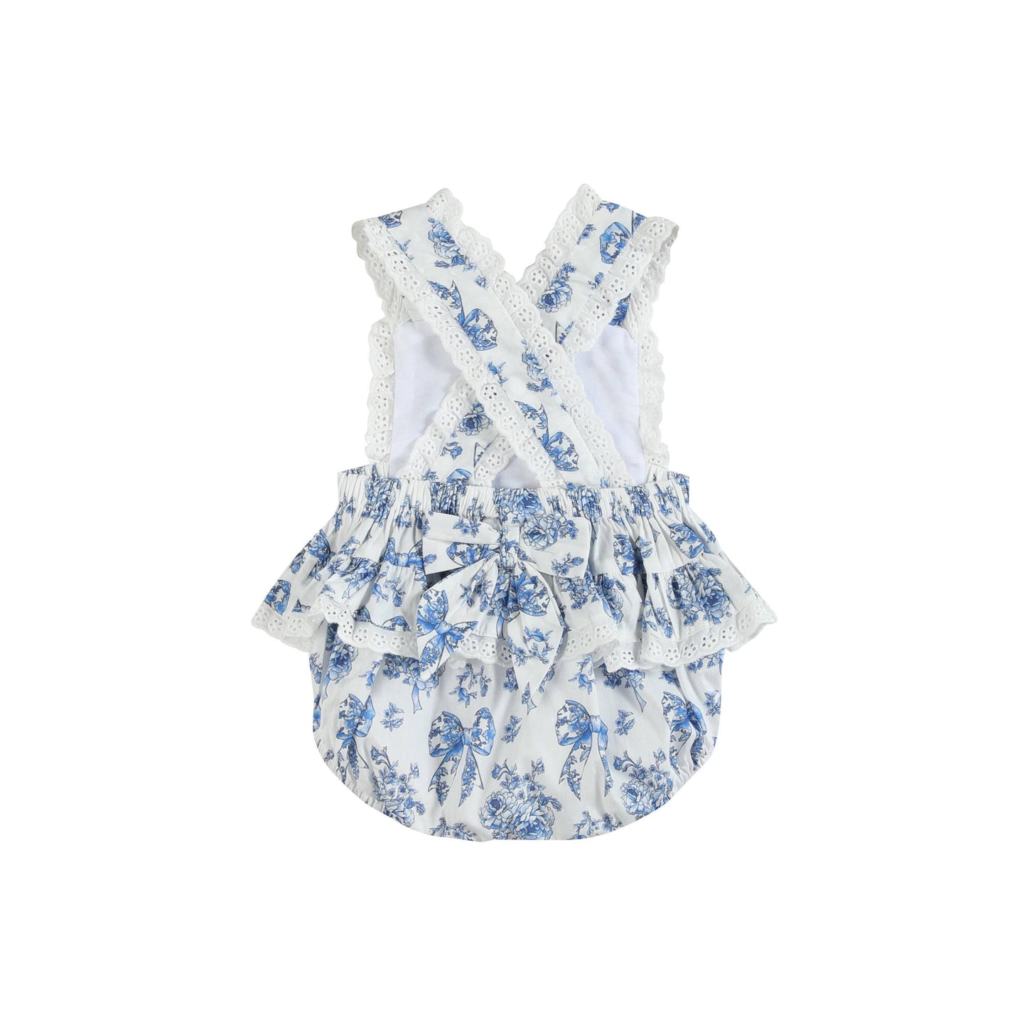 Blue and White Print Apron Ruffle Romper