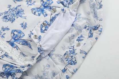 Blue and White Print Apron Ruffle Romper