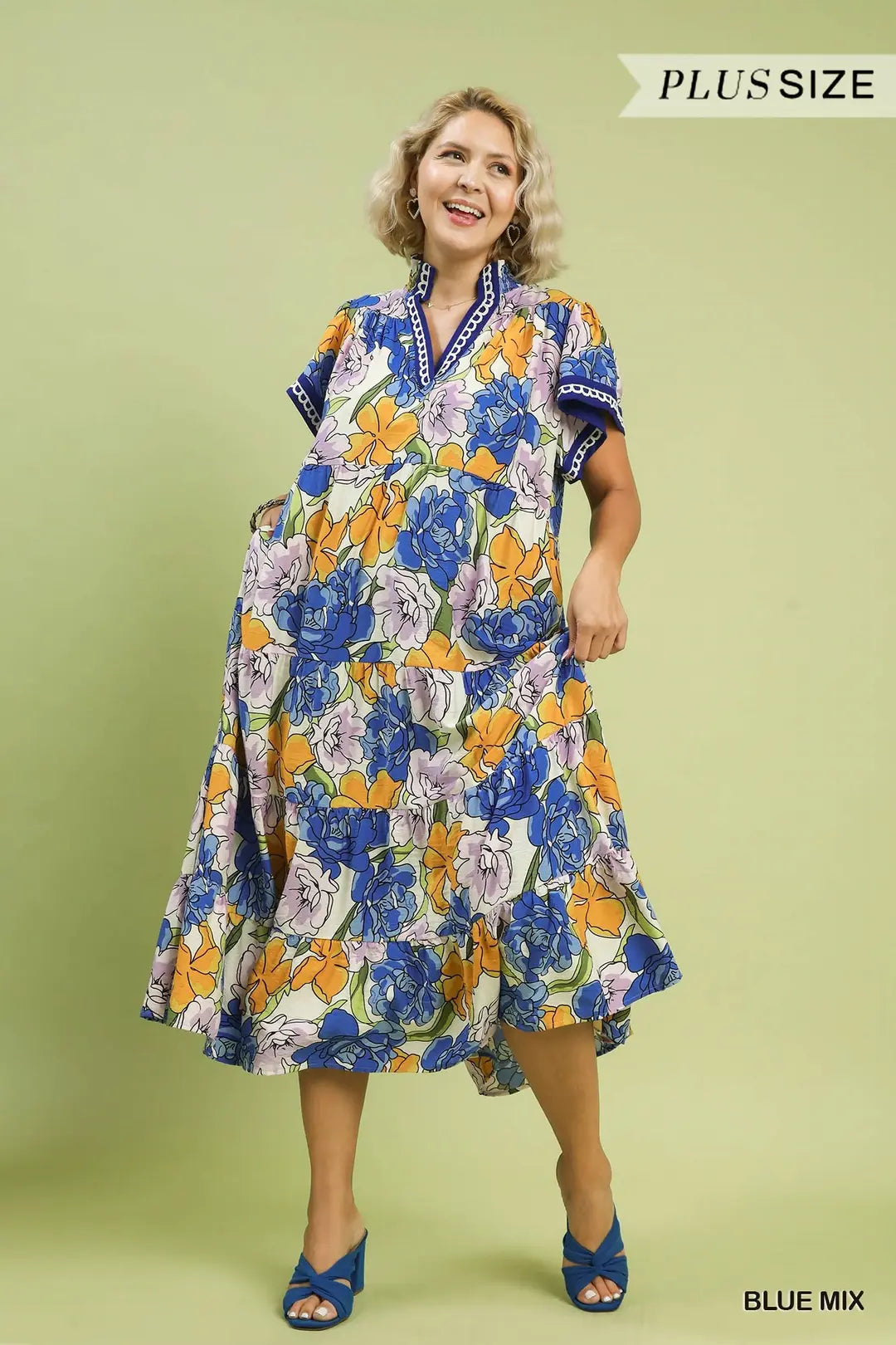 Blue Mix Floral Tiered Midi Dress