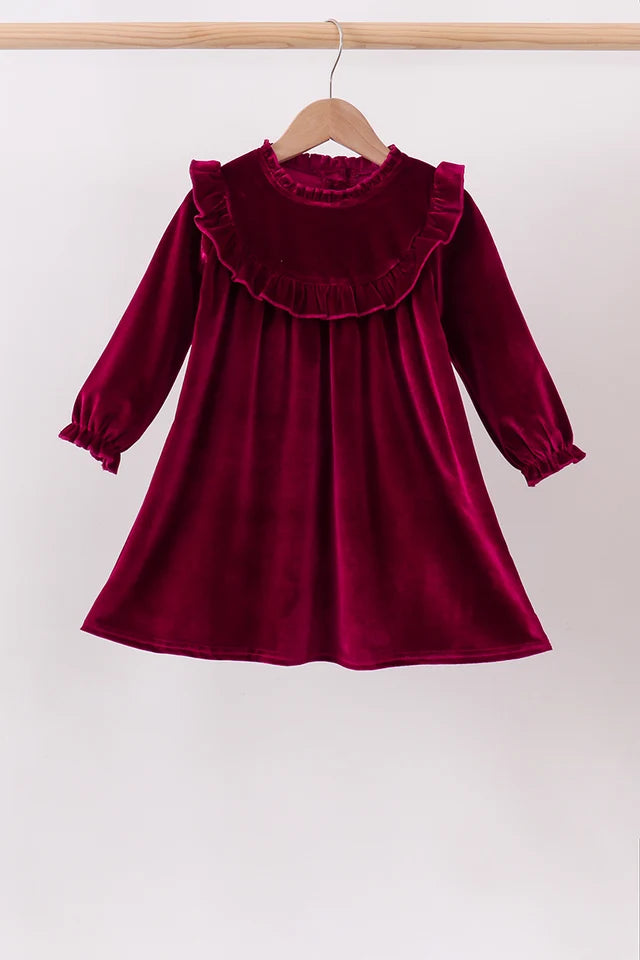 Burgundy Velvet Ruffle Dress