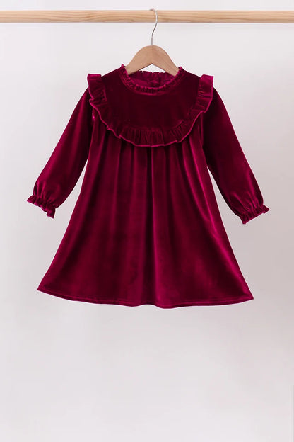 Burgundy Velvet Ruffle Dress