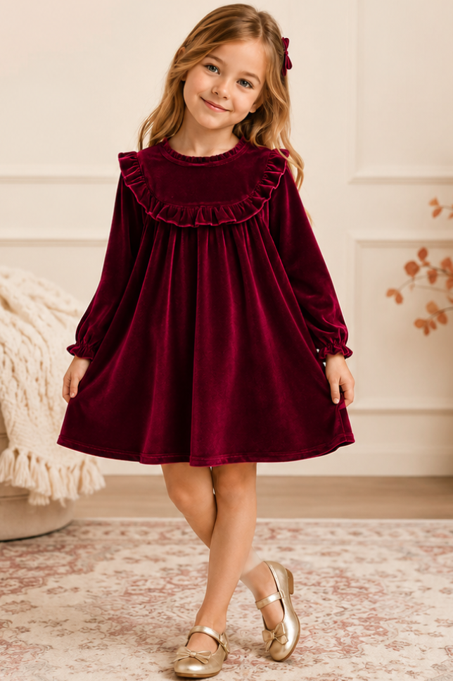 Burgundy Velvet Ruffle Dress