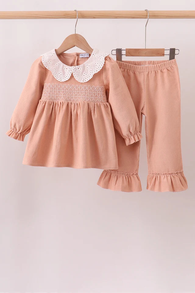 Blush  Corduroy Smocked Ruffle Pant Set