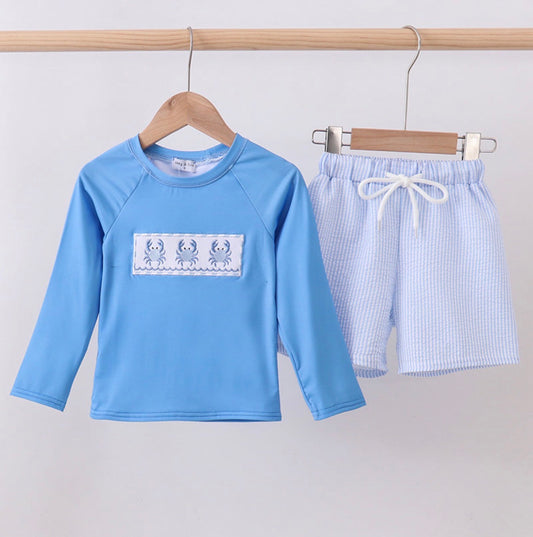 Blue Crab Embroidered Swim Set