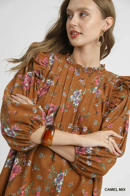 Floral Ruffle Shoulder Mini Dress