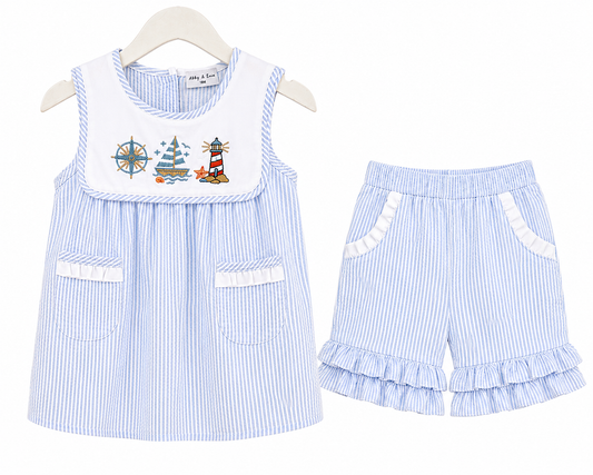 Blue sailboat embroidery ruffle short set