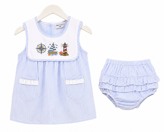 Blue sailboat seersucker bloomer set