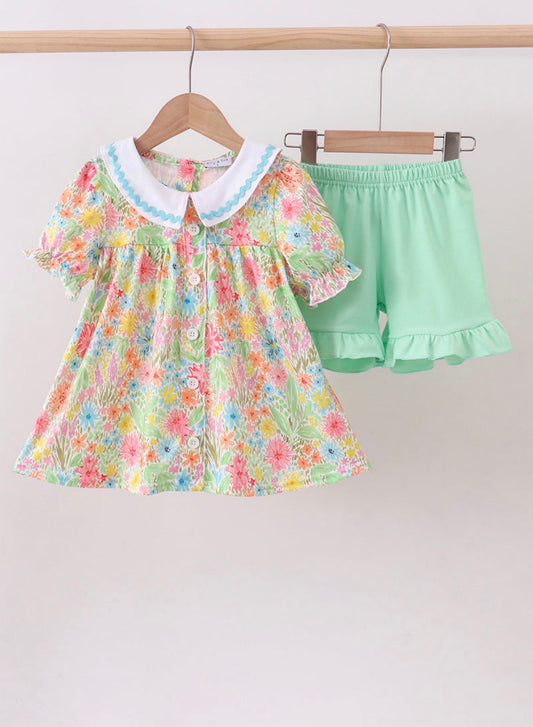 Green Floral Print Puff Sleeve Ruffle Set