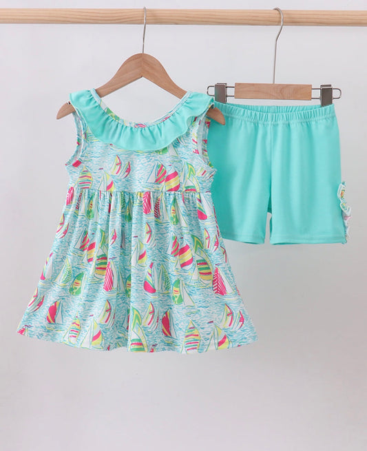 Blue sailboat print ruffle shorts set