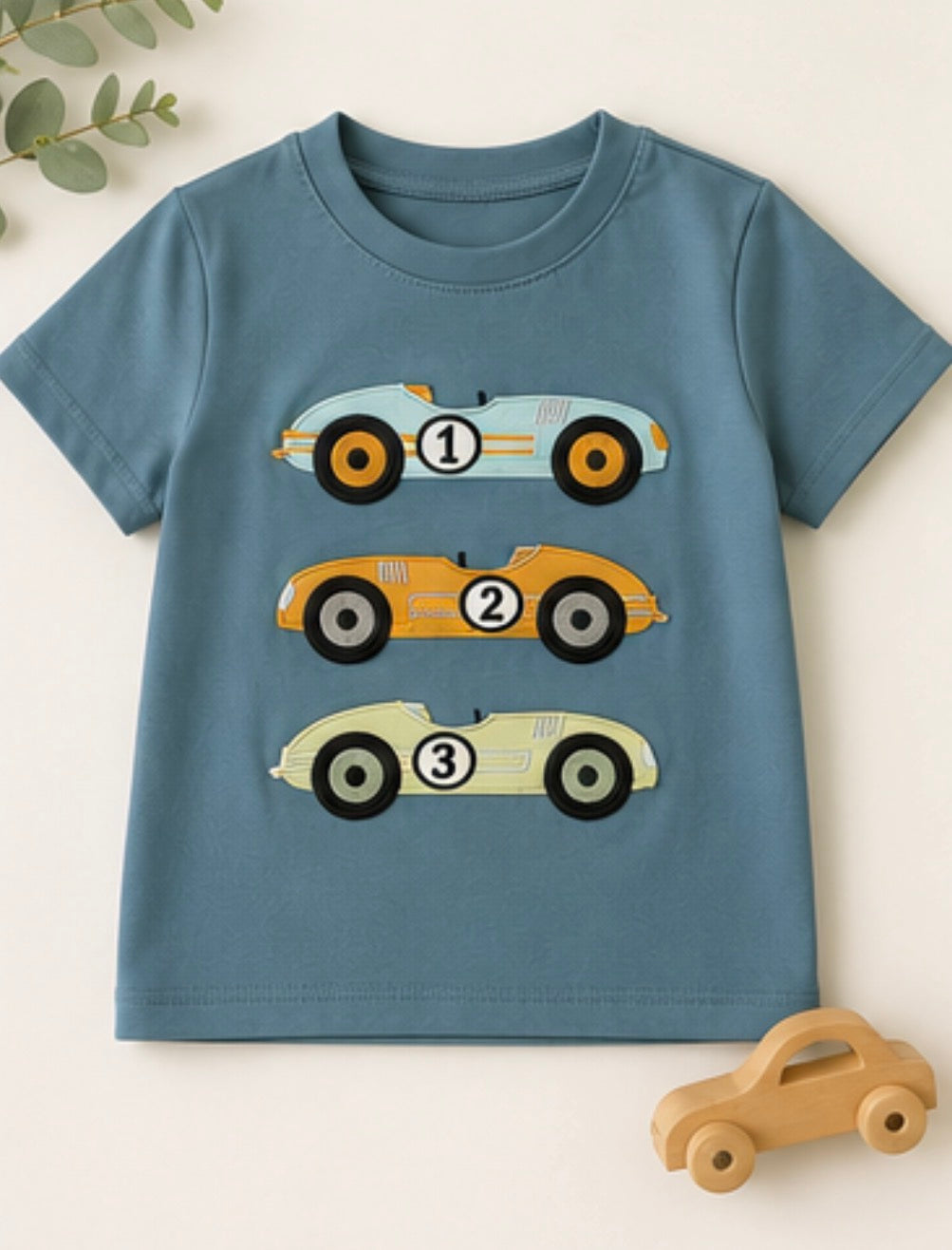 Blue racing car applique top