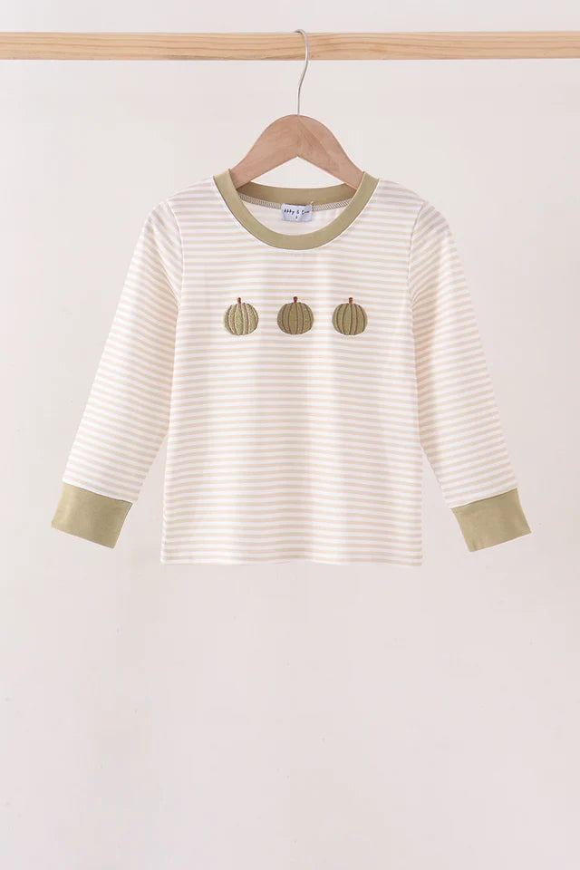 Khaki Pumpkin Embroidery Stripe Top