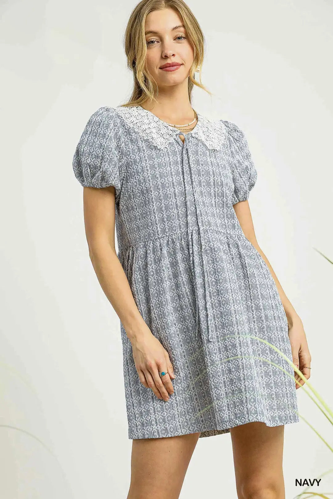 Lace Collar Puff Sleeve Mini Dress