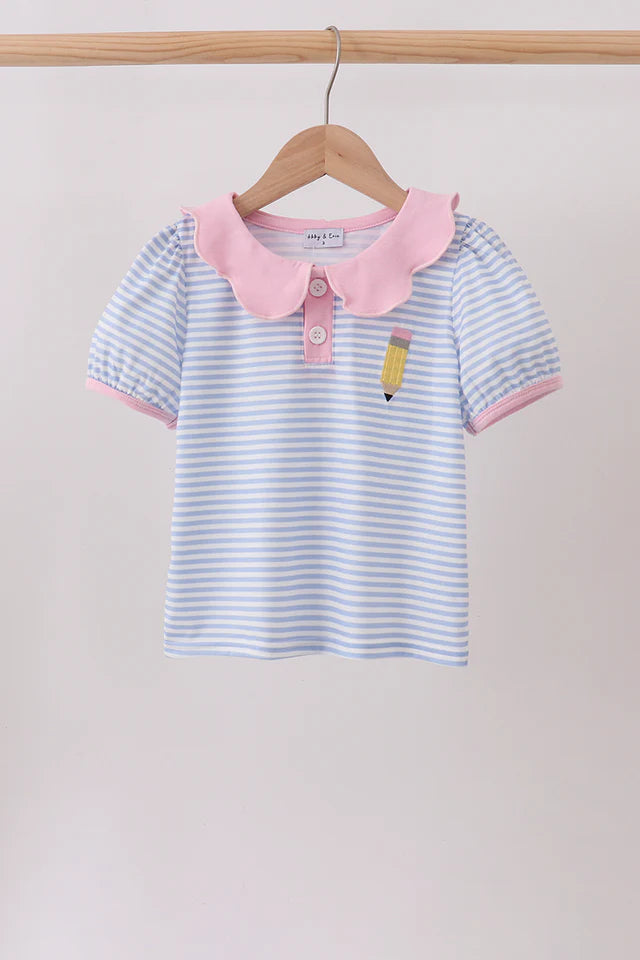 Blue/Pink Stripe Pencil Embroidered Top