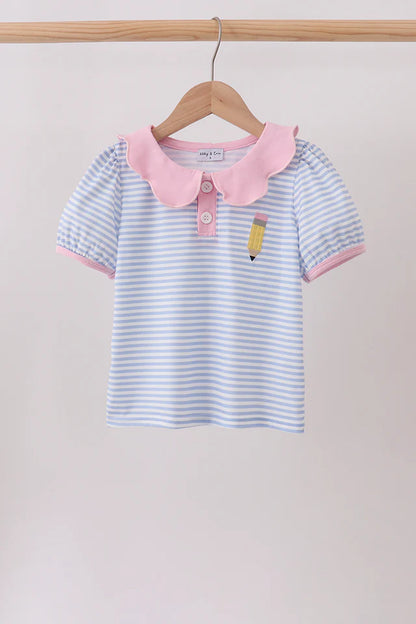 Blue/Pink Stripe Pencil Embroidered Top