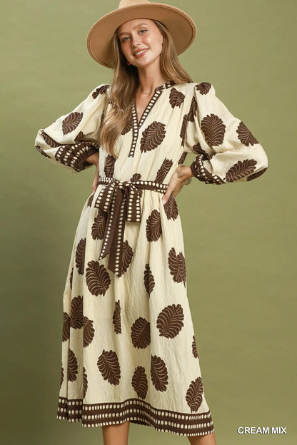 Mix Leaf Print Belted Midi Dress