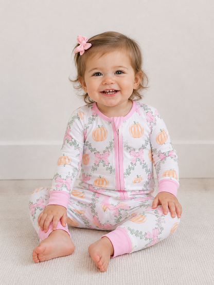 Pink Pumpkin Bow Bamboo Zip Sleeper