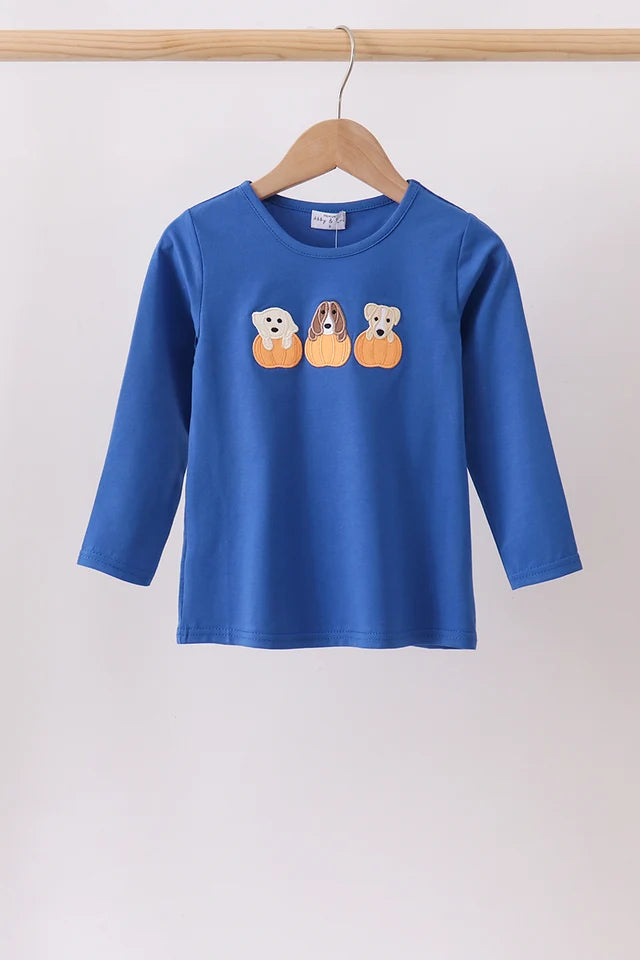 Royal Blue Pup Pumpkin Embroidery Top